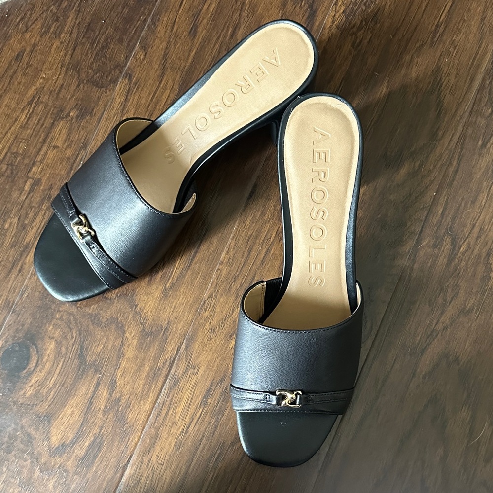 AEROSOLES Black Leather Mules with Gold Accent